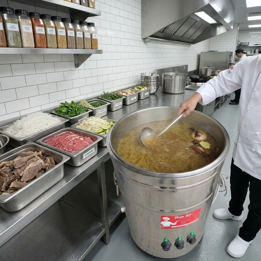 Cận cảnh nồi 100 lít nấu nước lèo trong bếp nhà hàng phở Cận cảnh nồi 100 lít nấu nước lèo trong bếp nhà hàng phở