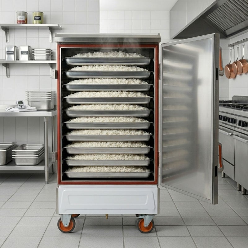 Có thể nấu ~50 kg gạo trên tủ nấu cơm 10 khay dùng điện TCD-10