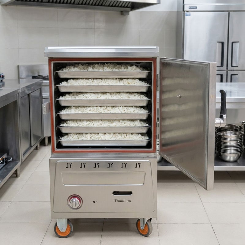 Sử dụng tủ nấu cơm 6 khay gas điện TCGD-6 trong bếp ăn công nghiệp