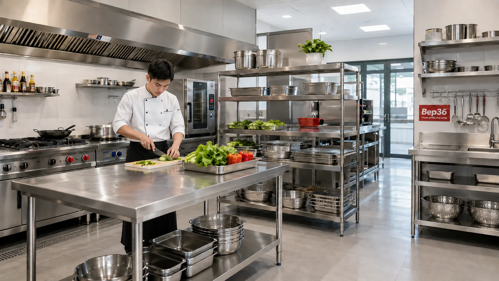 Bàn - giá - kệ inox bep36 thực tế trong khu sơ chế bếp nhà nhà hàng