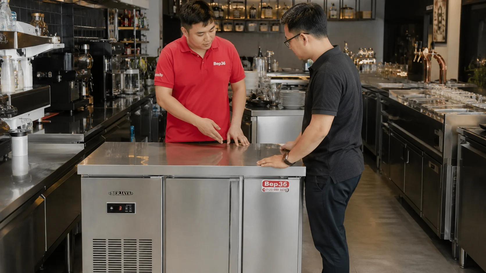 Ảnh bàn giao bàn mát bàn lạnh tại nhà hàng/quầy bar, nhân viên Bep36 đang hướng dẫn khách kiểm tra nhiệt độ, sắp xếp nguyên liệu và sử dụng mặt bàn inox