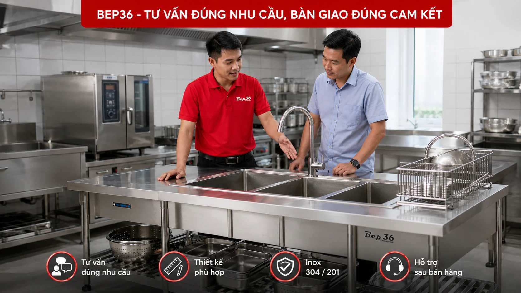Ảnh bàn giao chậu rửa công nghiệp tại nhà hàng