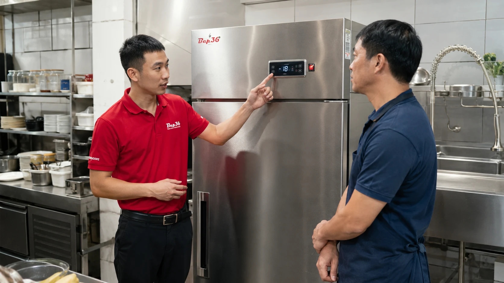 Ảnh bàn giao tủ đông công nghiệp tại nhà hàng hoặc bếp ăn, nhân viên Bep36 đang hướng dẫn khách kiểm tra nhiệt độ và sắp xếp thực phẩm