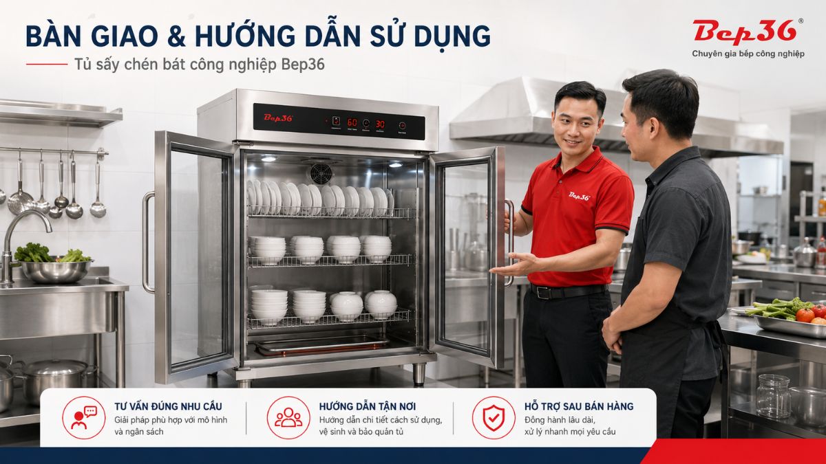 Bàn giao tủ sấy chén bát cho quán ăn