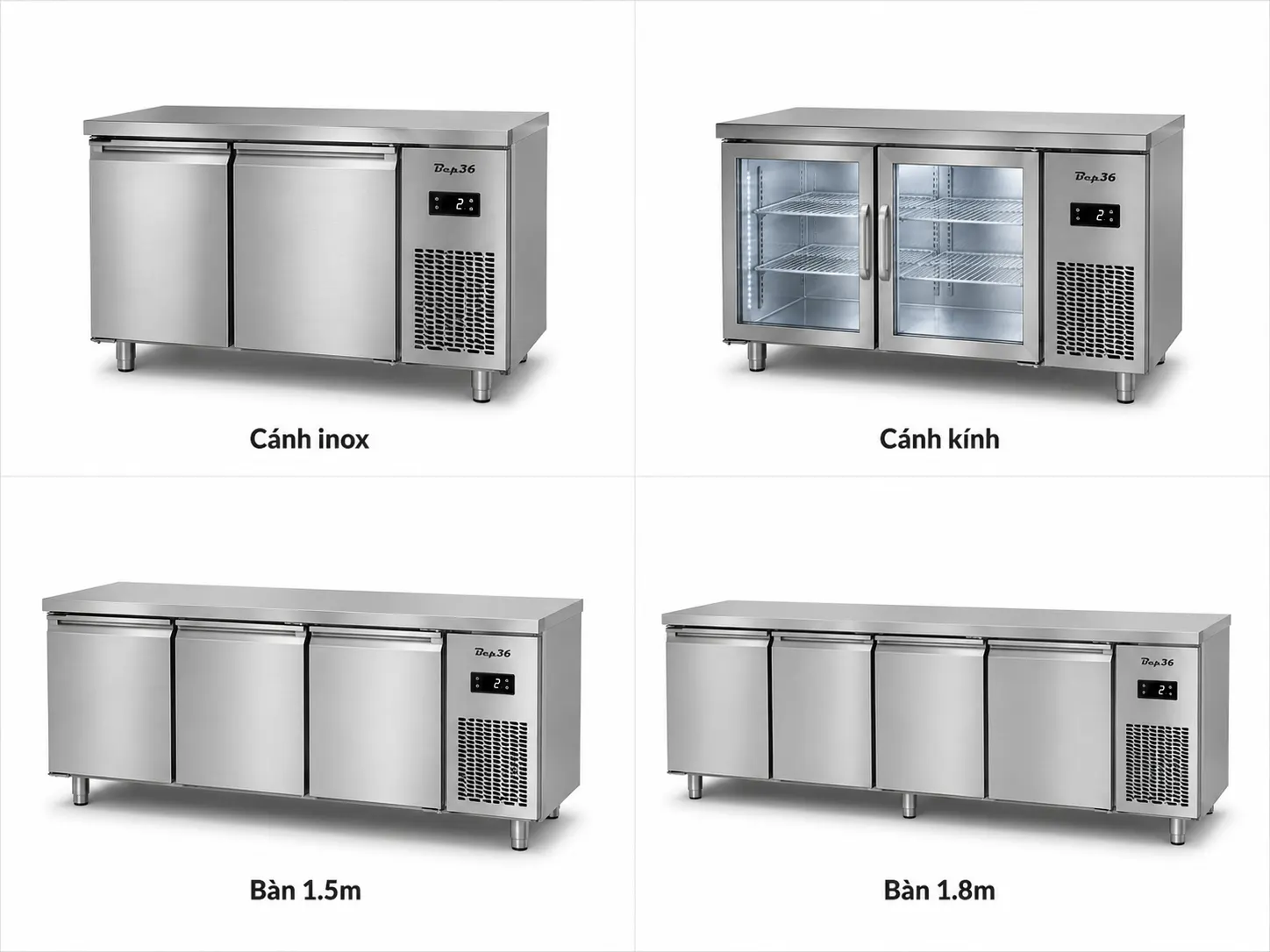 Ảnh catalog 4 sản phẩm gồm bàn mát cánh inox, bàn mát cánh kính, bàn mát 1.5m và bàn mát 1.8m