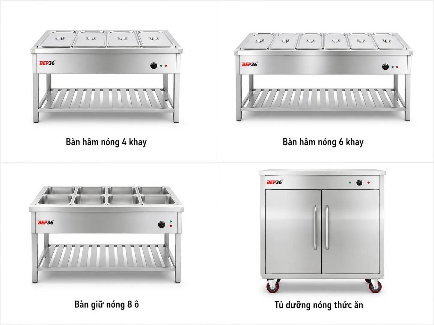 Ảnh catalog 4 ô sản phẩm gồm bàn hâm nóng 4 khay, bàn hâm nóng 6 khay, bàn giữ nóng 8 ô và tủ dưỡng nóng thức ăn