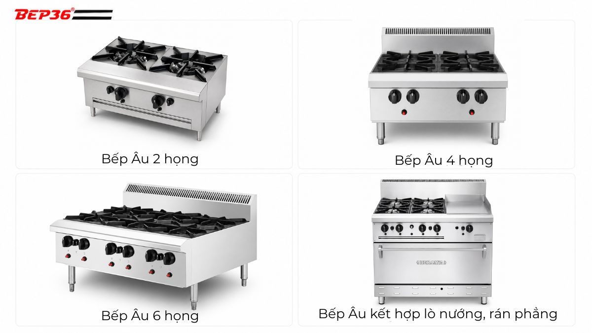 Ảnh catalog 4 ô sản phẩm gồm bếp Âu 2 họng, bếp Âu 4 họng, bếp Âu 6 họng và bếp Âu có lò nướng