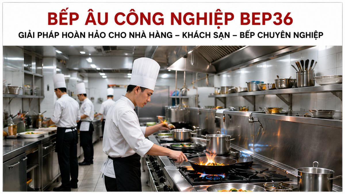 Bếp Âu công nghiệp trong khu bếp nhà hàng hiện đại, đầu bếp đang vận hành