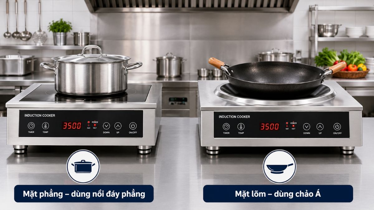 Bếp từ công nghiệp mặt phẳng và mặt lõm