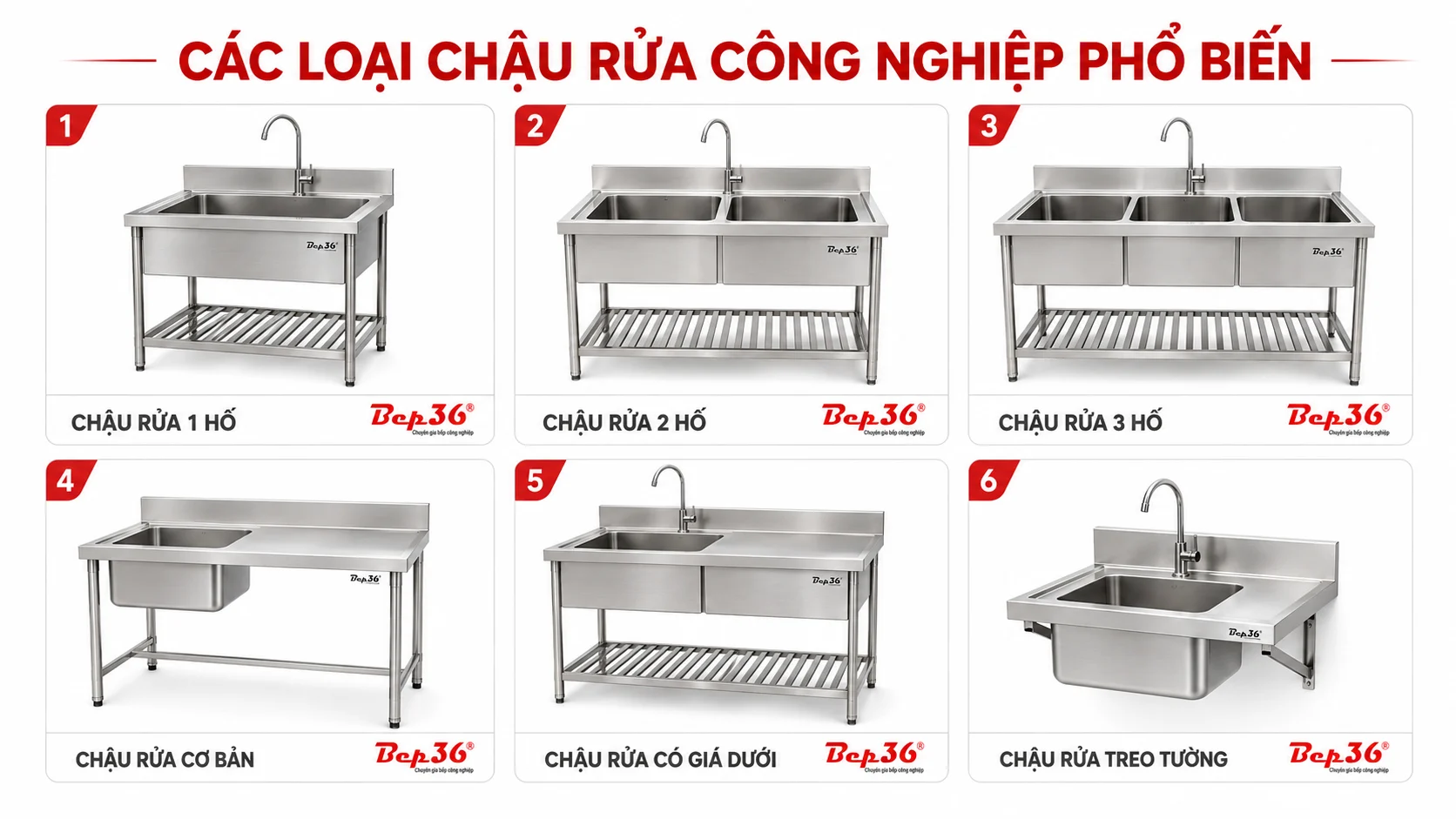 Ảnh catalog sản phẩm gồm chậu rửa inox 1 hố, chậu rửa 2 hố, chậu rửa 3 hố và chậu rửa có bàn/giá dưới.