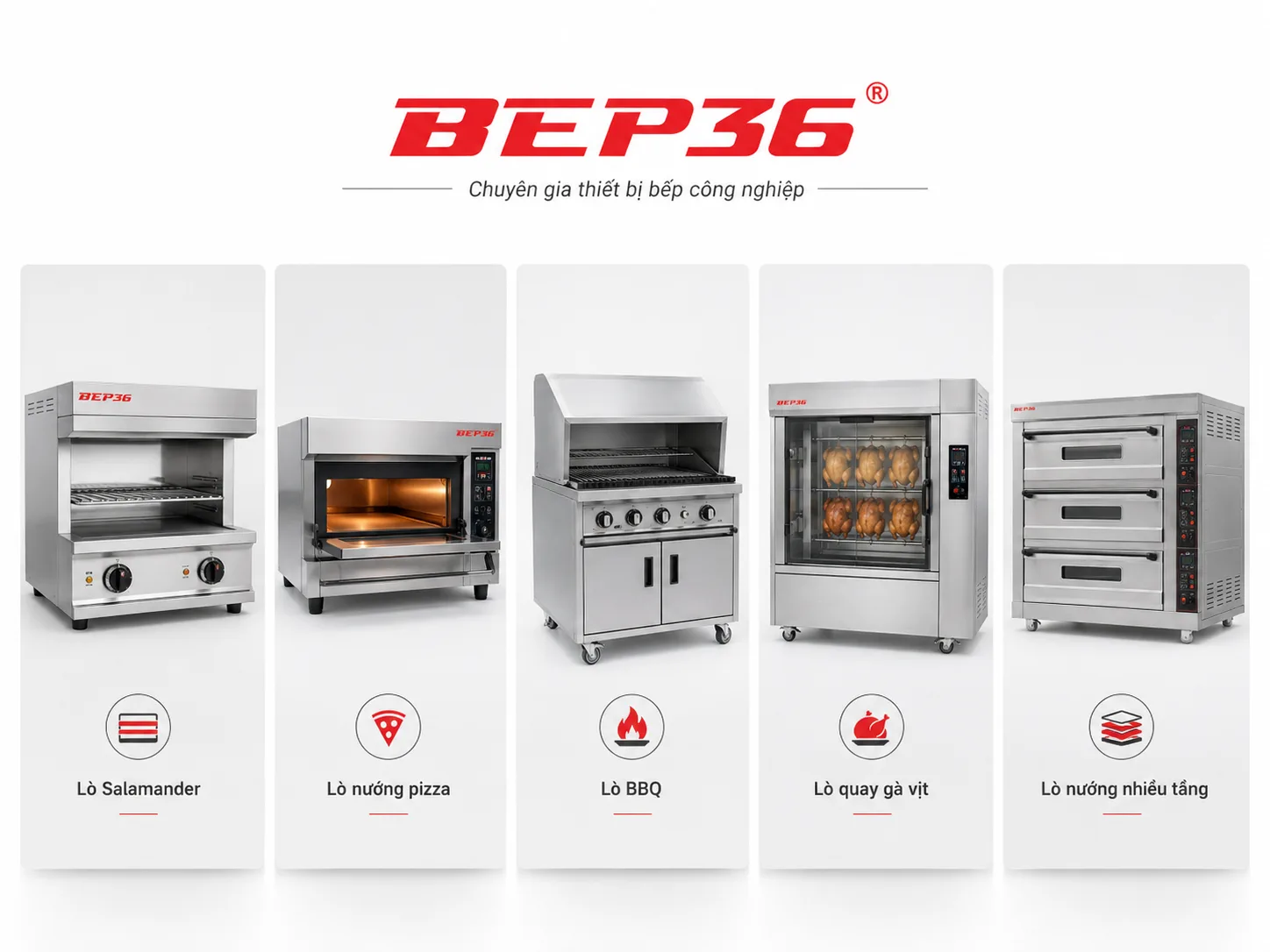 catalog 5 ô sản phẩm gồm lò Salamander, lò nướng pizza, lò BBQ, lò quay gà vịt và lò nướng 3 tầng