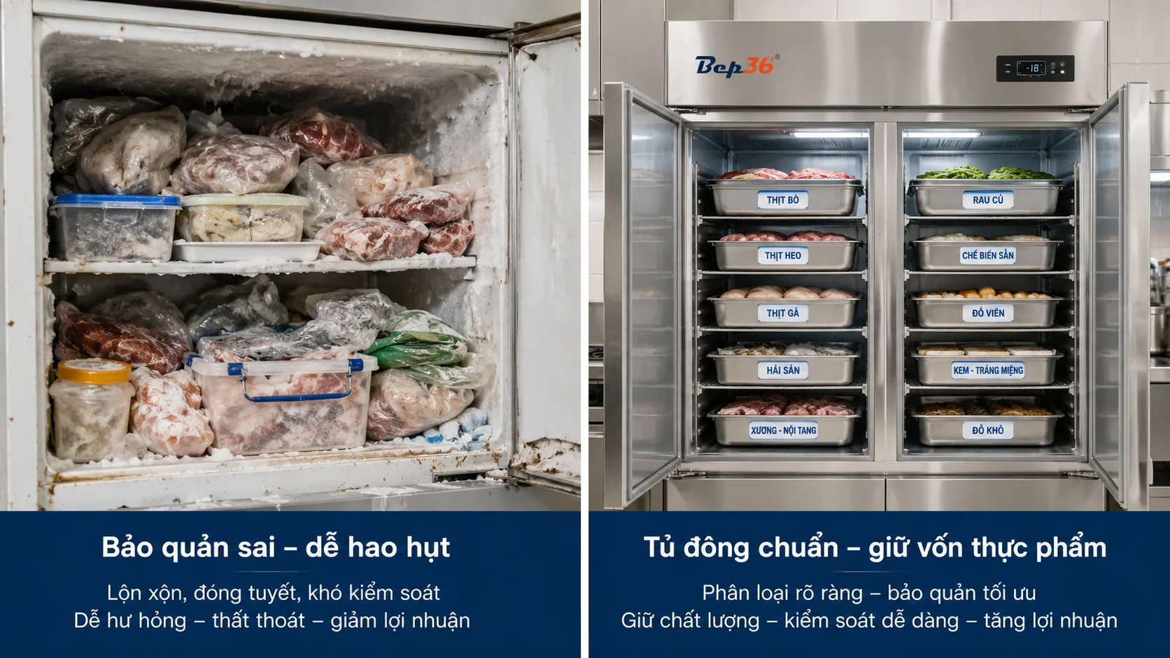 Ảnh so sánh tủ bảo quản sai chứa hàng lộn xộn và tủ đông inox công nghiệp chia khoang rõ ràng, sạch đẹp