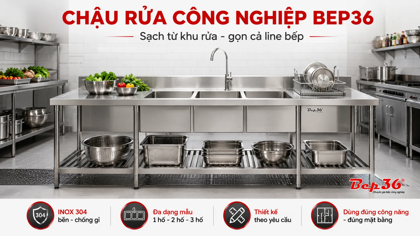 chậu rửa công nghiệp inox Bep36 trong khu rửa nhà hàng hiện đại, nhân viên bếp đang rửa rau củ và dụng cụ