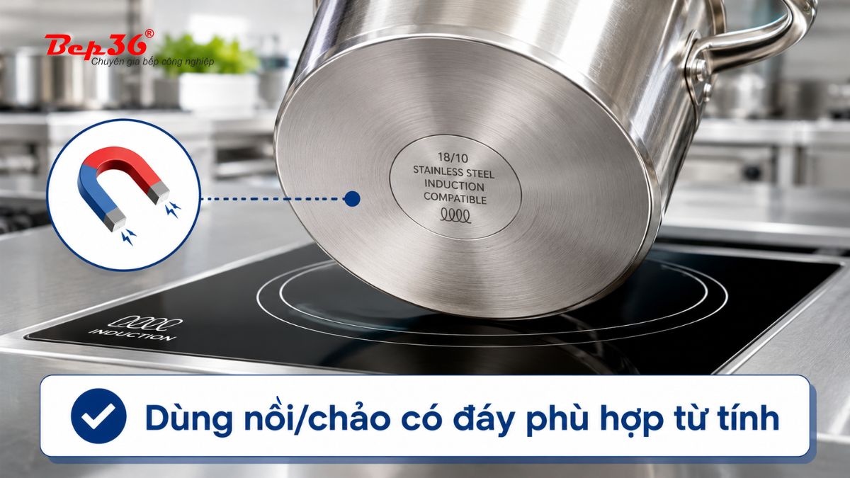 Cận cảnh đáy nồi inox bắt từ đặt trên bếp từ mặt phẳng