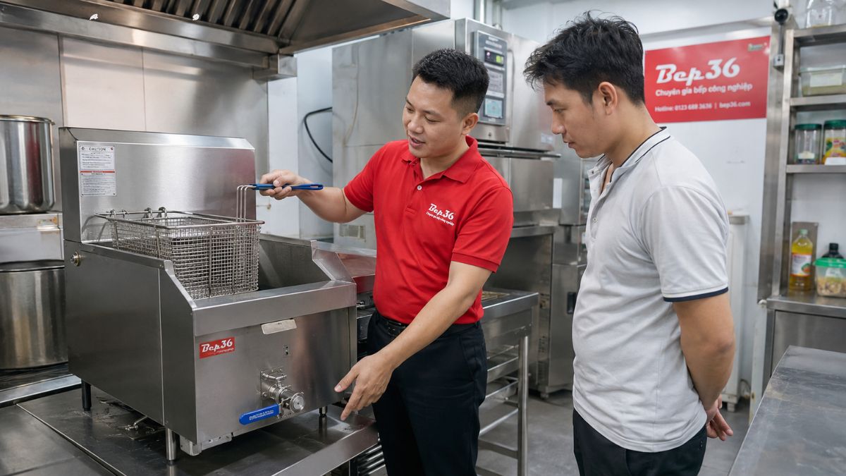 Nhân viên Bep36 đang hướng dẫn khách kiểm tra bếp chiên nhúng, cách dùng giỏ chiên, cách xả dầu và vệ sinh khoang chiên