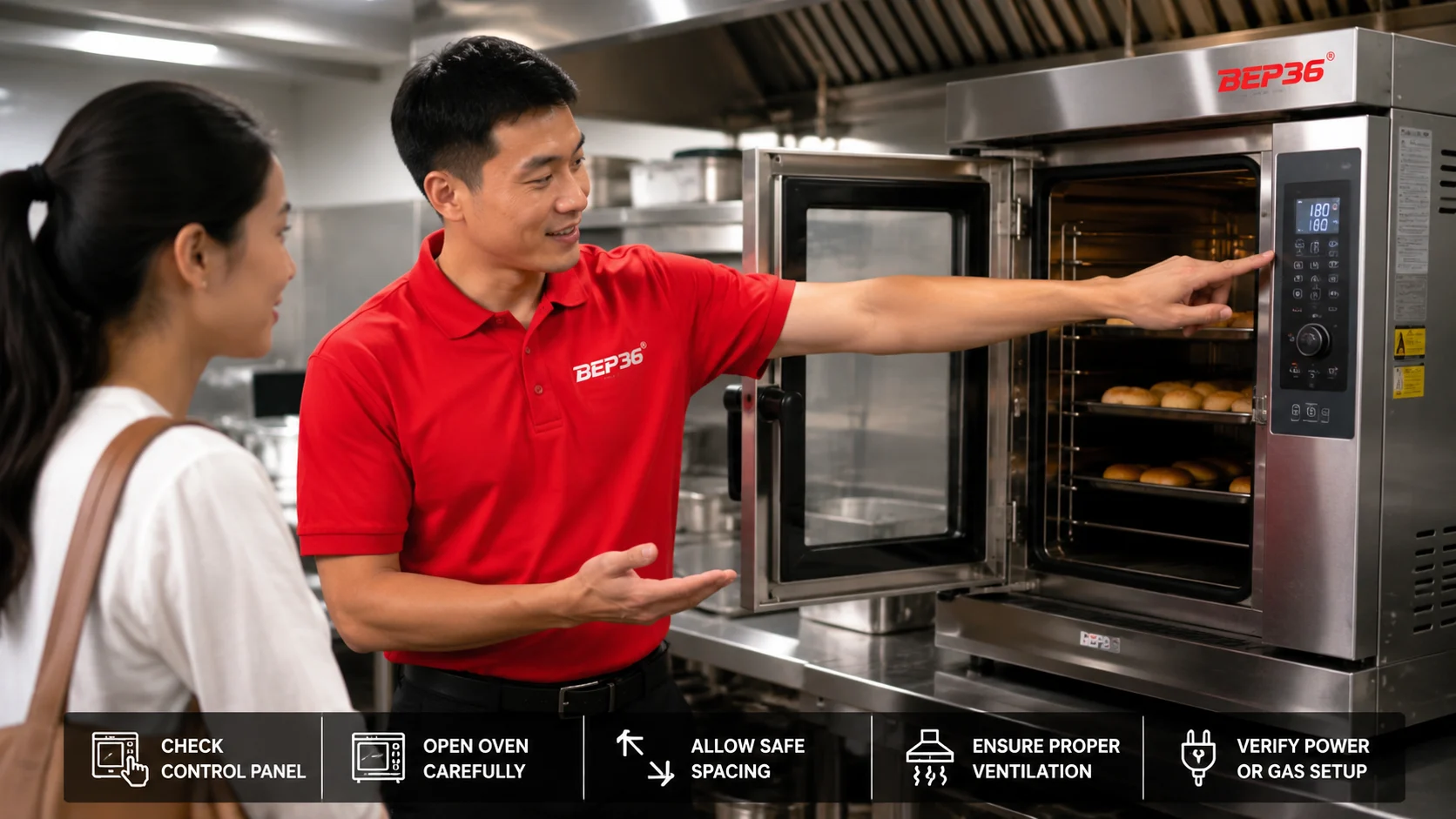 Nhân viên Bep36 đang hướng dẫn khách kiểm tra lò nướng công nghiệp