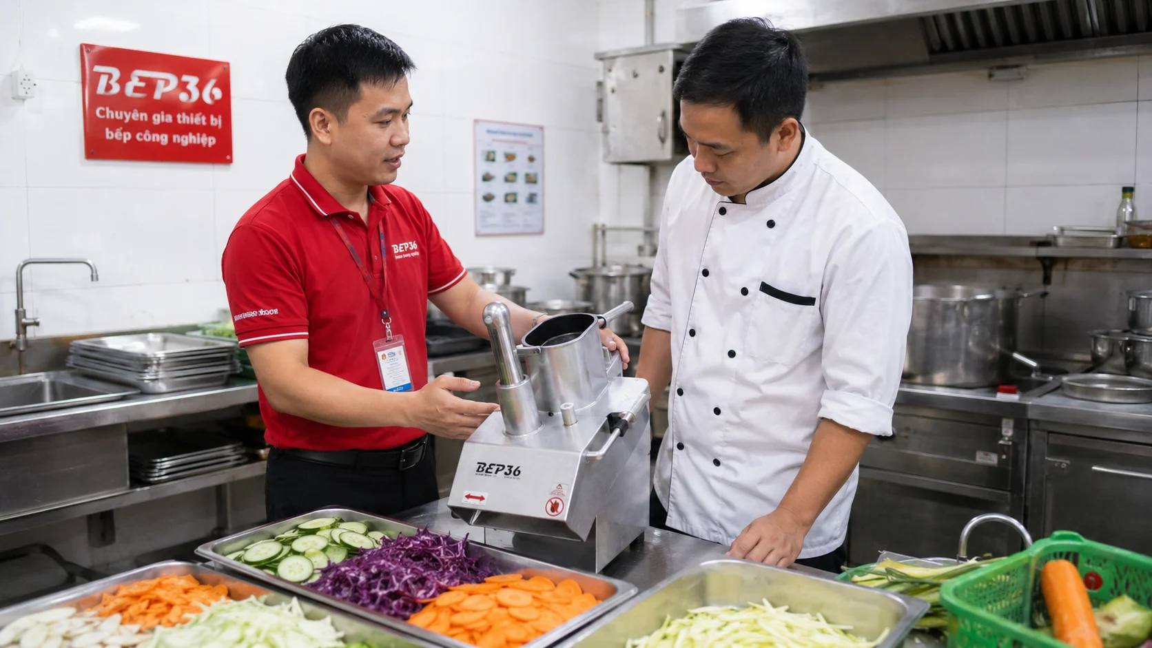 Nhân viên Bep36 mặc đồng phục đỏ đang hướng dẫn khách sử dụng máy thái rau củ, thay bộ dao