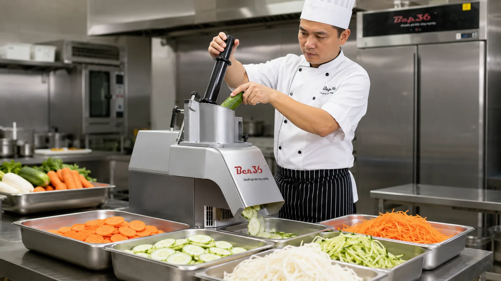Máy thái rau củ quả trong khu sơ chế nhà hàng