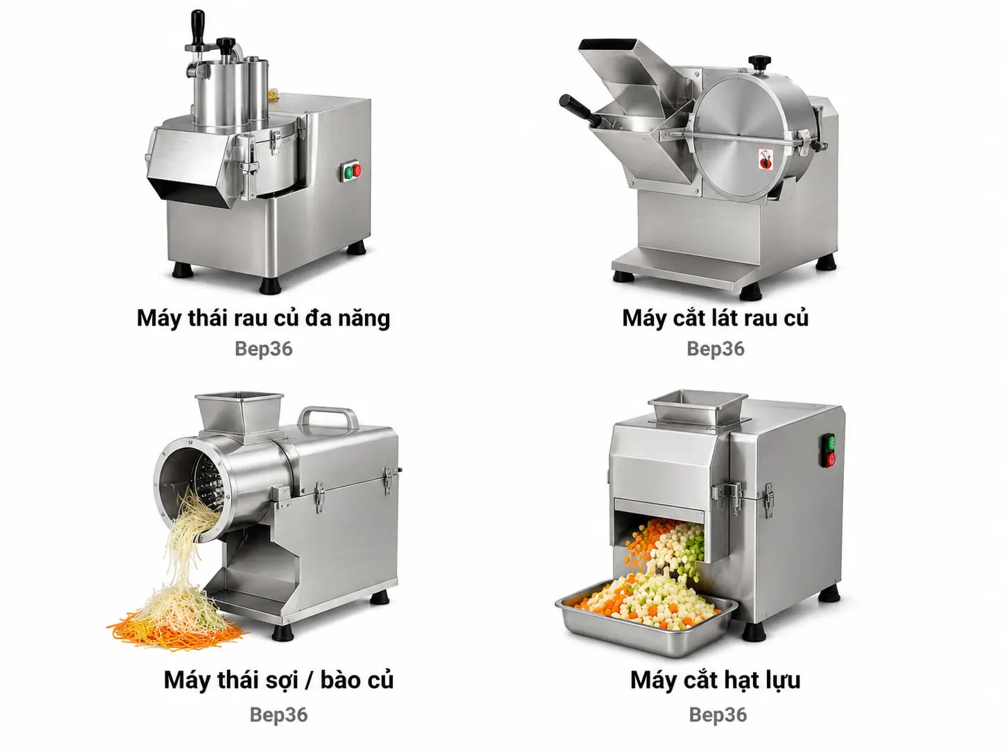 Ảnh catalog 4 ô sản phẩm gồm máy thái rau củ đa năng, máy cắt lát, máy thái sợibào củ và máy cắt hạt lựu