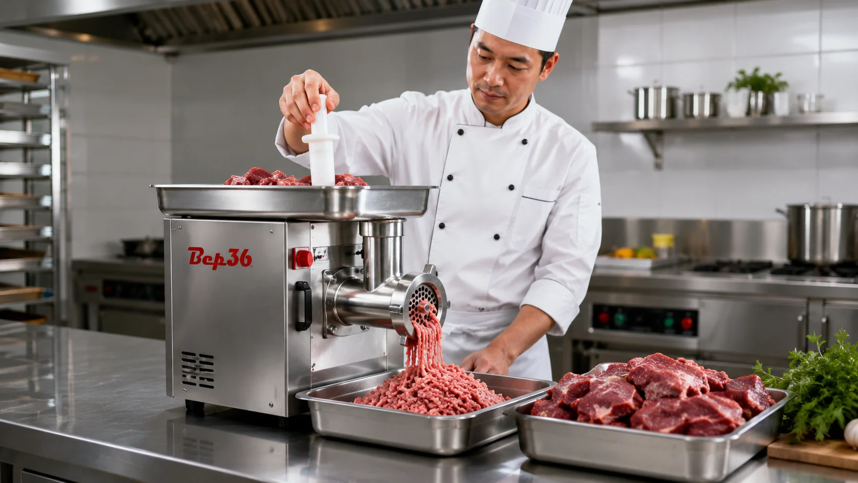Máy xay thịt Bep36 đang vận hành trong nhà hàng