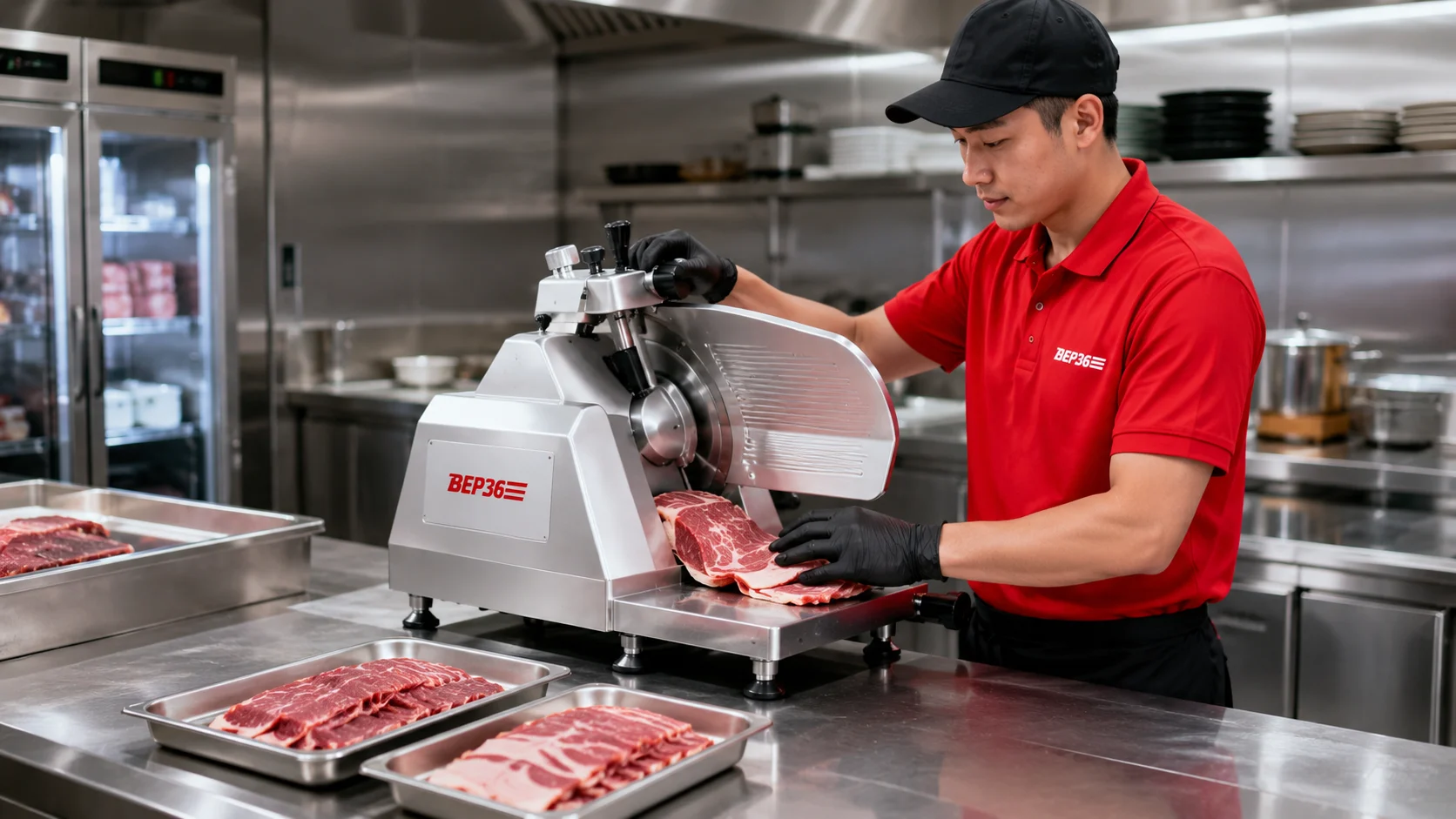 Nhân viên Bep36 hướng dẫn sử dụng máy thái thịt