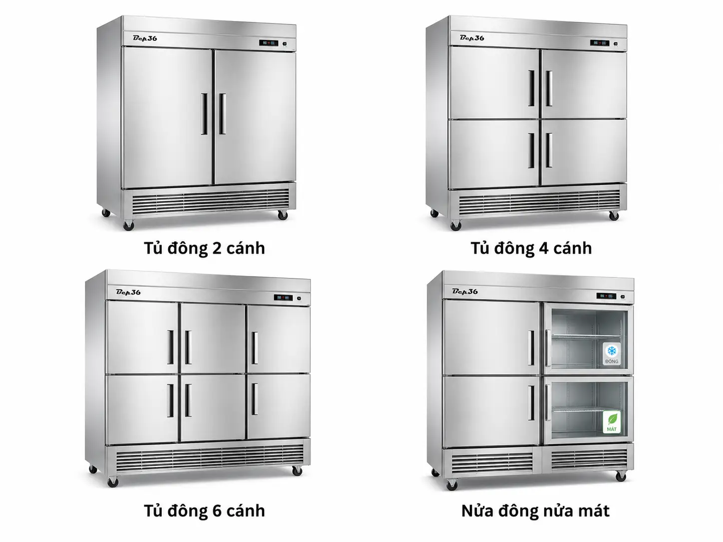 Ảnh catalog 4 ô sản phẩm gồm tủ đông 2 cánh, tủ đông 4 cánh, tủ đông 6 cánh và tủ nửa đông nửa mát