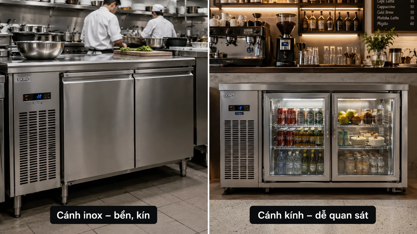 Ảnh so sánh bên trái bàn mát cánh inox trong bếp nhà hàng; bên phải bàn mát cánh kính trong quầy bar/cafe