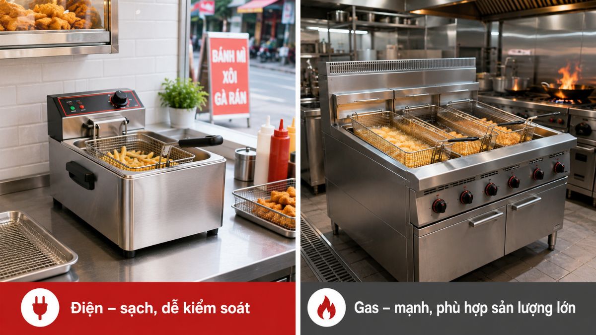 so sánh bếp chiên nhúng điện sạch gọn trong quầy bếp nhỏ, bên phải bếp chiên nhúng gas công nghiệp trong bếp nhà hàng