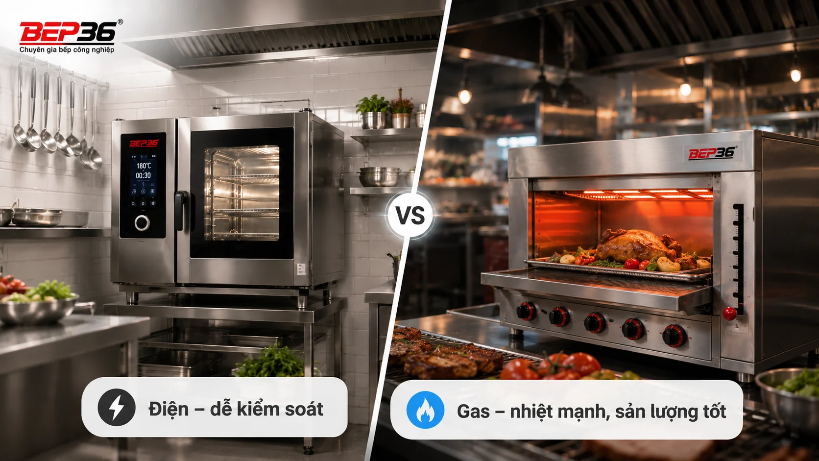 Ảnh so sánh bên trái lò nướng điện trong bếp sạch hiện đại; bên phải lò nướng gas/BBQ trong khu bếp nhà hàng