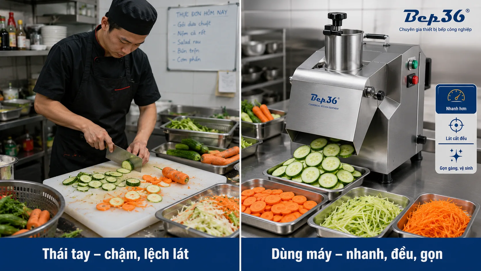 Ảnh so sánh 2 nửa: bên trái nhân viên thái rau củ thủ công chậm, lát cắt không đều; bên phải máy thái rau củ Bep36 cho lát cắt đều, khay thành phẩm đẹp
