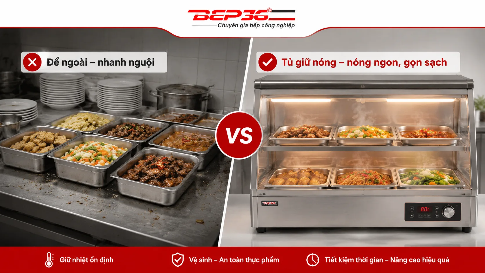 Ảnh so sánh bên trái khay thức ăn để ngoài bị nguội, khô mặt; bên phải món ăn được giữ nóng trong khay inox, bốc hơi nhẹ, màu sắc hấp dẫn.