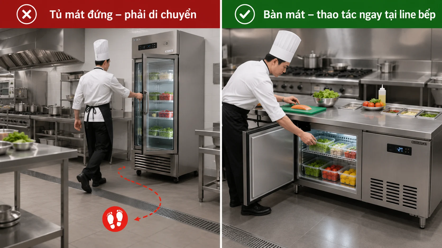 Ảnh so sánh bên trái nhân viên phải đi tới tủ mát đứng lấy nguyên liệu; bên phải đầu bếp lấy nguyên liệu ngay dưới bàn mát và sơ chế trên mặt bàn