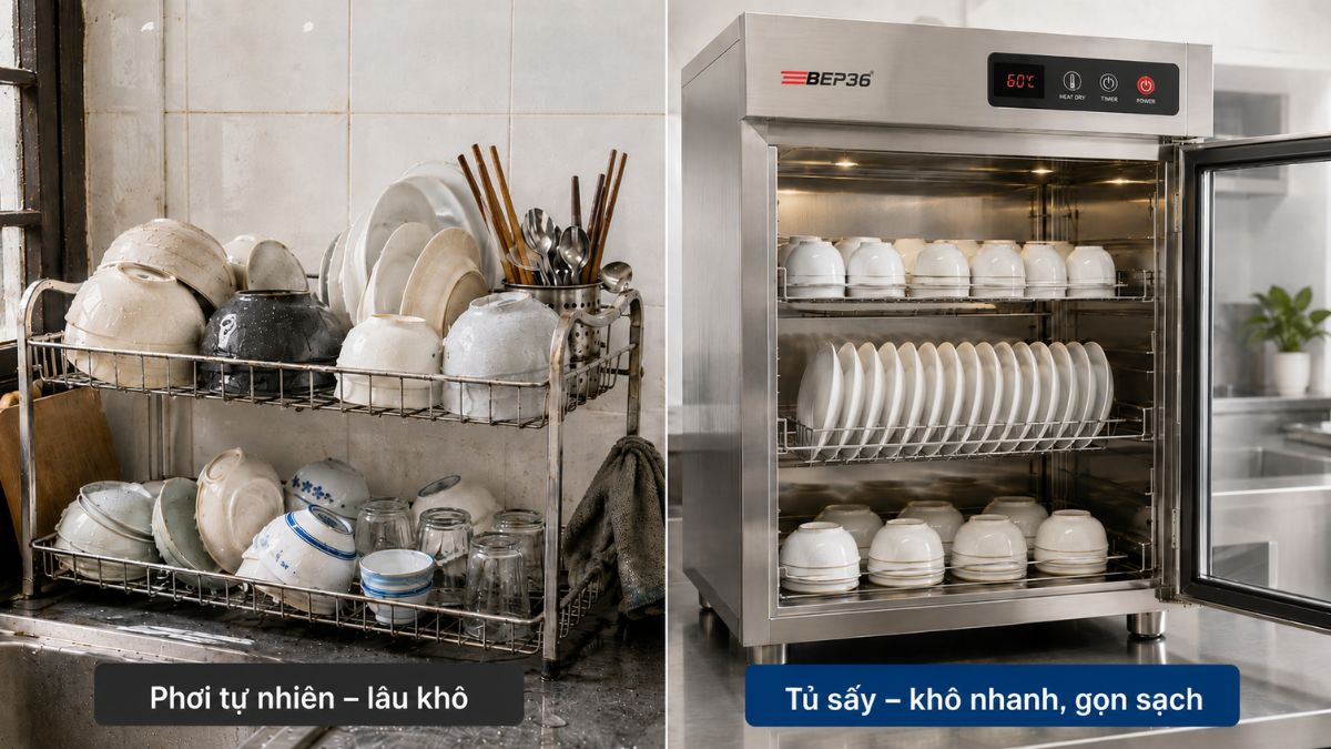 So sánh tủ sấy chén bát và giá kệ để chén bát
