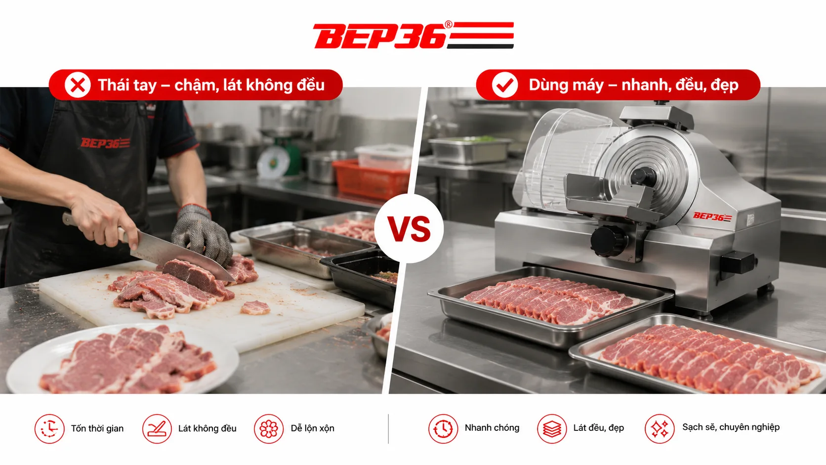 So sánh thái thịt bằng tay và bằng máy
