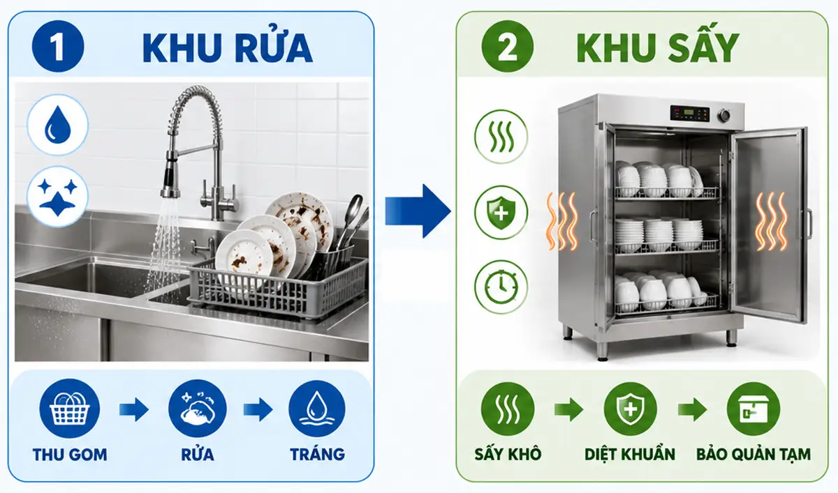 Vận hành rửa và sấy theo nguyên tắc 1 chiều để đảm bảo vệ sinh