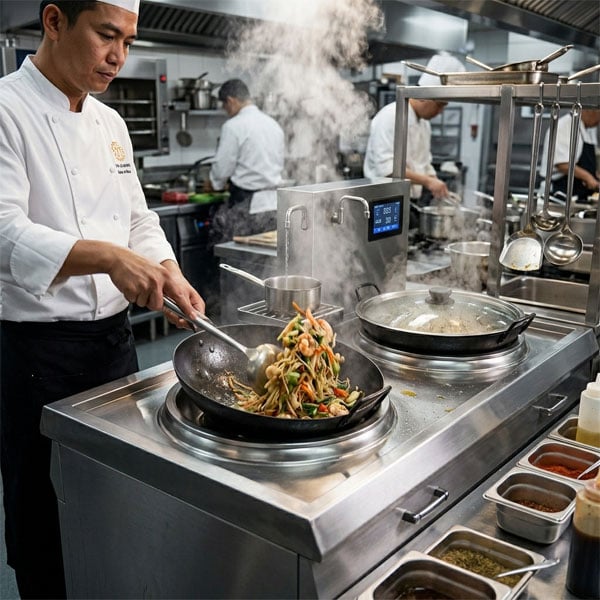 Bếp từ công nghiệp mặt kính lõm kết hợp chảo inox chuyên dụng cho các món xào.