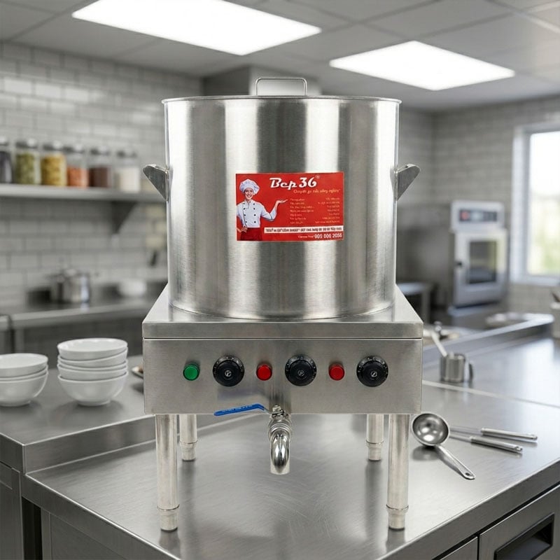 Nồi nấu phở thanh nhiệt 40 lít NPTN_40L đặt trong bếp thực tế